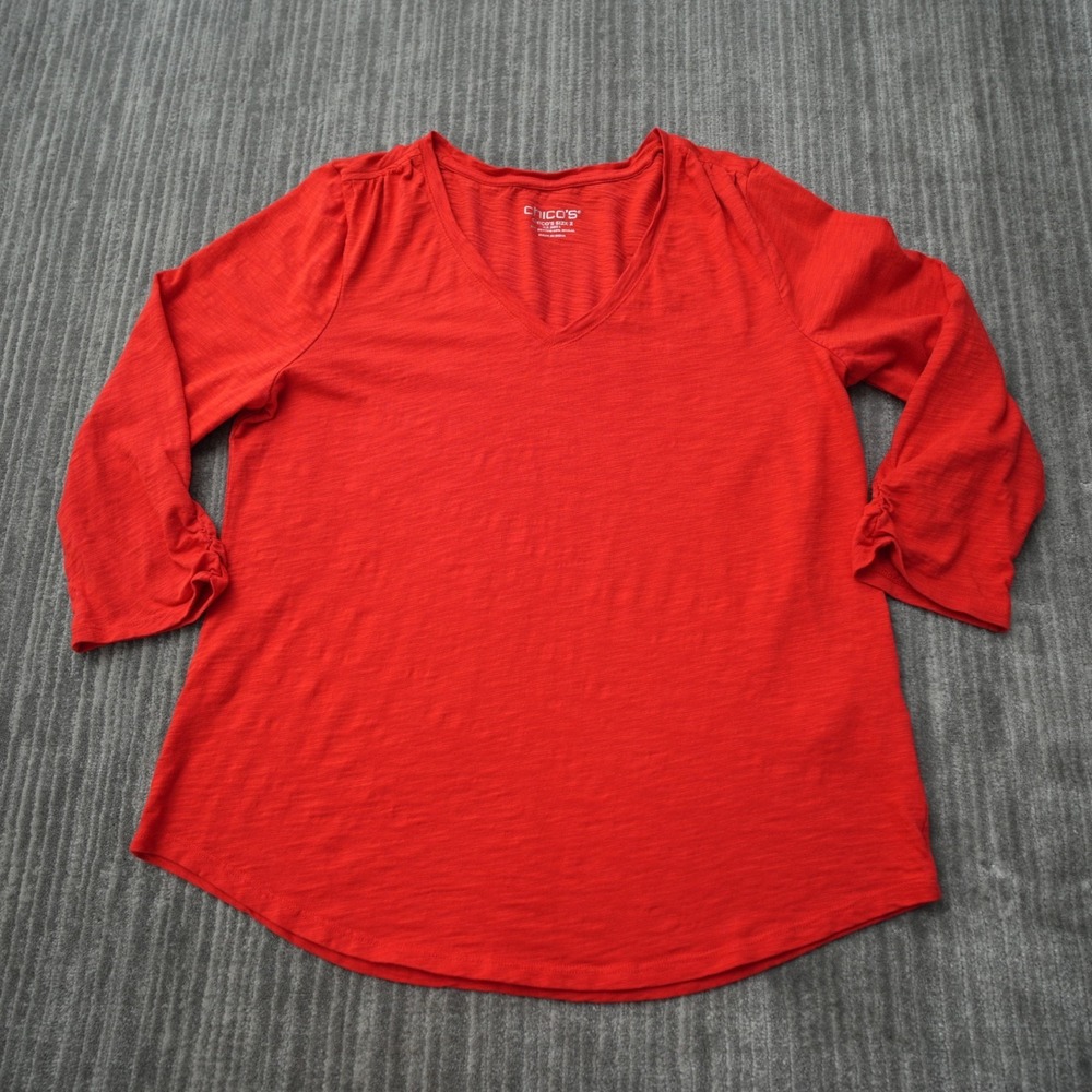 Chico's Shirt Women Red V Neck Long Sleeve Cotton Modal Top Blouse Size 2